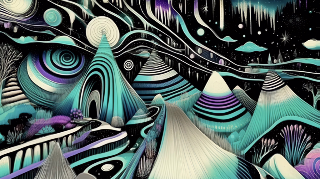 Mushroom psychedelic art landscape with layered domes and auroral bands under a star field